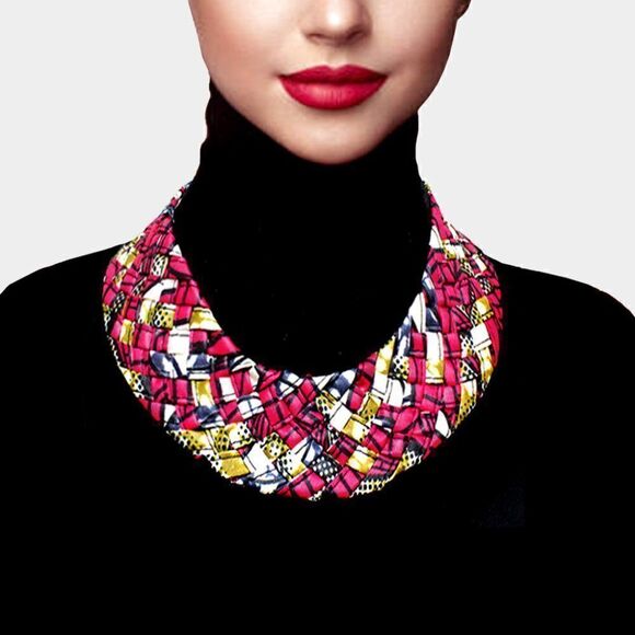 Braided Patterned Pink Fabric Bib Necklace NWT - Picture 3 of 5